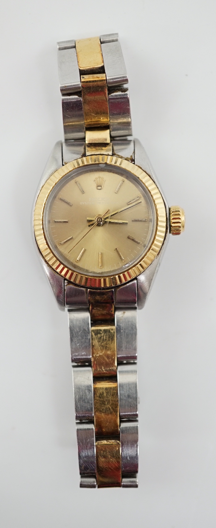 A lady's late 1970's/early 1980's stainless steel and gold Rolex Oyster Perpetual wrist watch